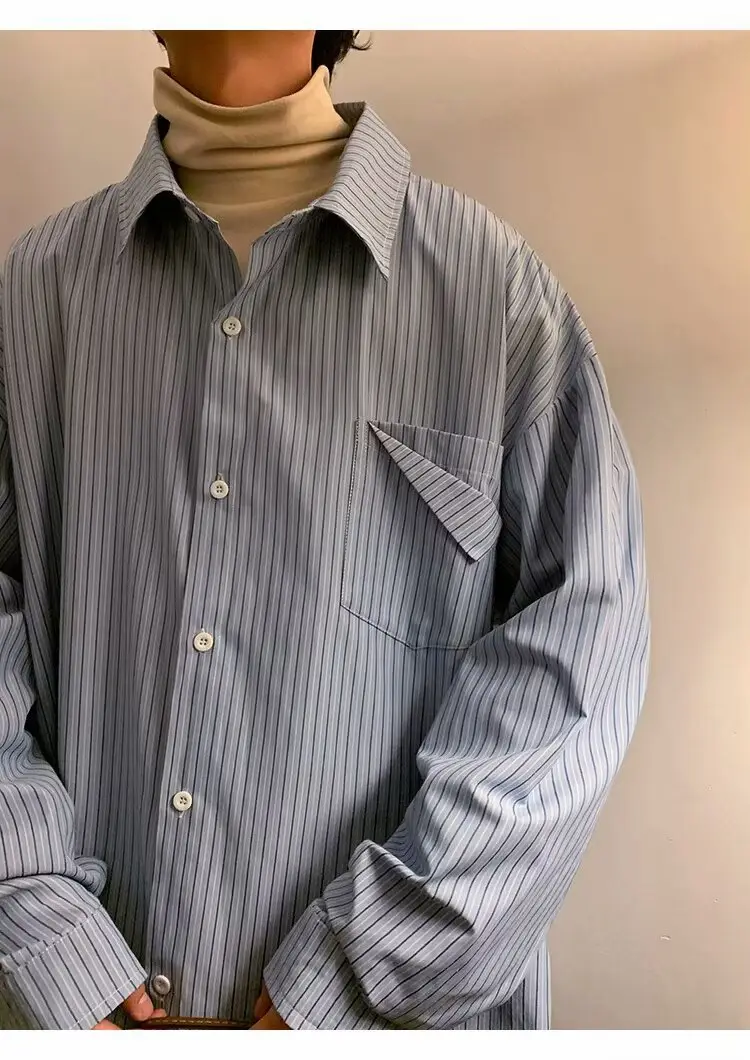 Men's Khaki Striped Japanese Style Shirt with Retro Jacket — feature 9
