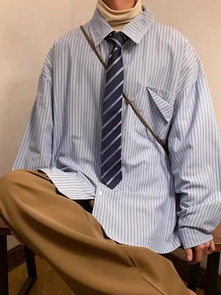 Men's Khaki Striped Japanese Style Shirt with Retro Jacket
