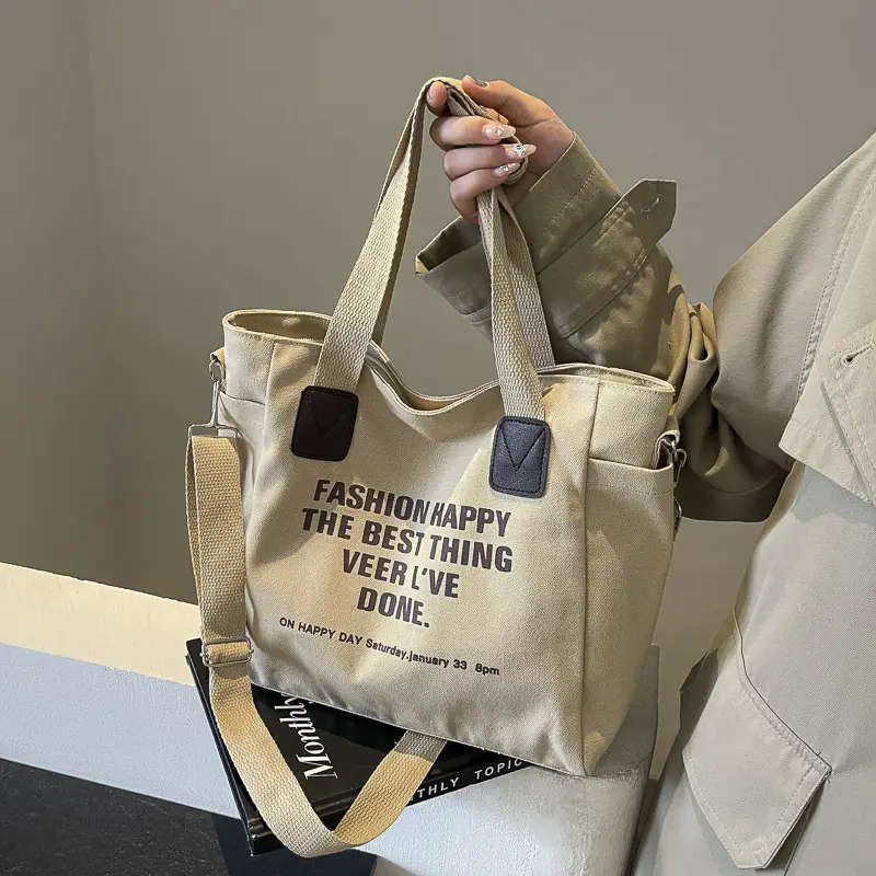 Canvas Multi-Pocket Tote Bag Women Men Black - Image 4