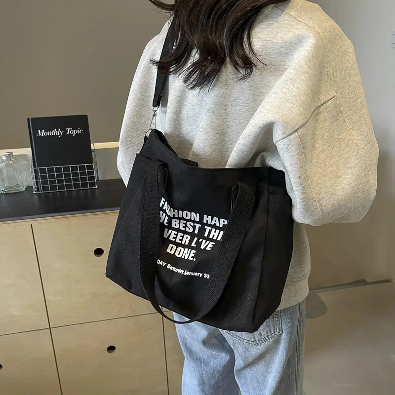 Canvas Multi-Pocket Tote Bag Women Men Black - Image 5