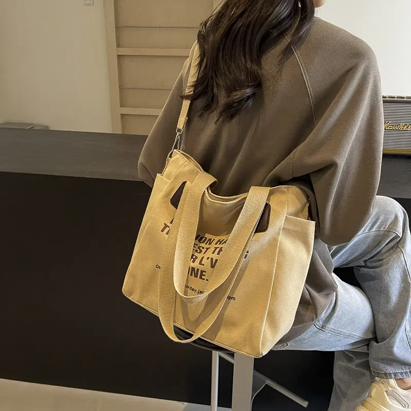 Canvas Multi-Pocket Tote Bag Women Men Black - Image 6