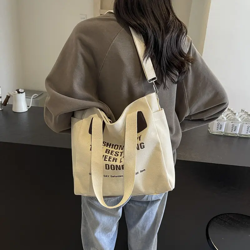 Canvas Multi-Pocket Tote Bag Women Men Black - Image 7