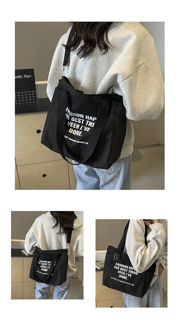 Canvas Multi-Pocket Tote Bag Women Men Black — feature 10