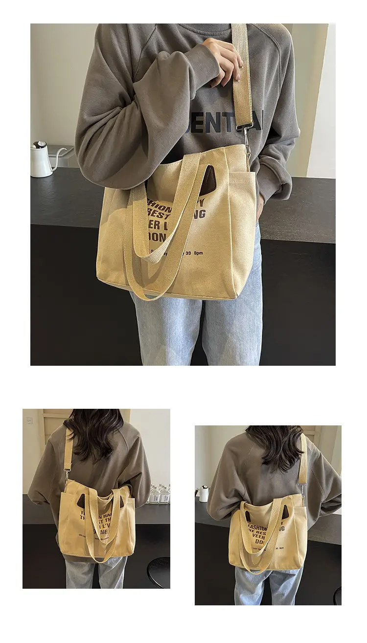 Canvas Multi-Pocket Tote Bag Women Men Black — feature 11