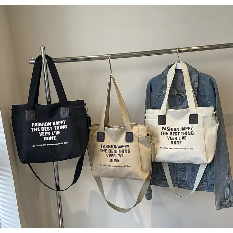 Canvas Multi-Pocket Tote Bag Women Men Black — feature 13
