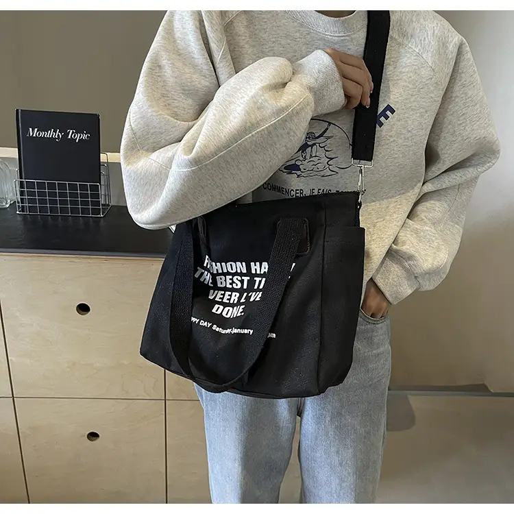 Canvas Multi-Pocket Tote Bag Women Men Black — feature 14