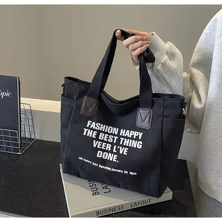 Canvas Multi-Pocket Tote Bag Women Men Black — feature 15