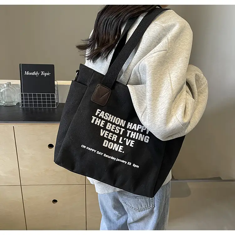 Canvas Multi-Pocket Tote Bag Women Men Black — feature 16