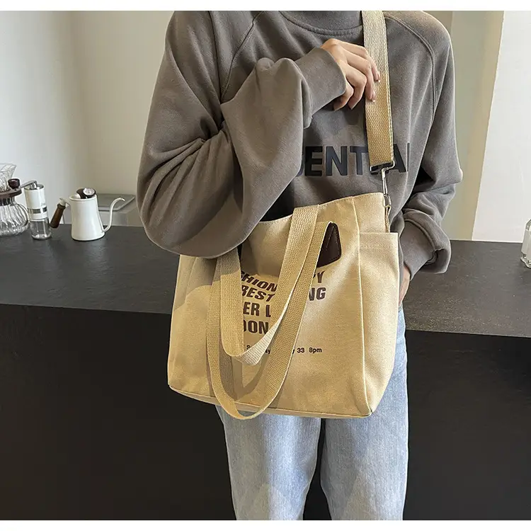 Canvas Multi-Pocket Tote Bag Women Men Black — feature 17