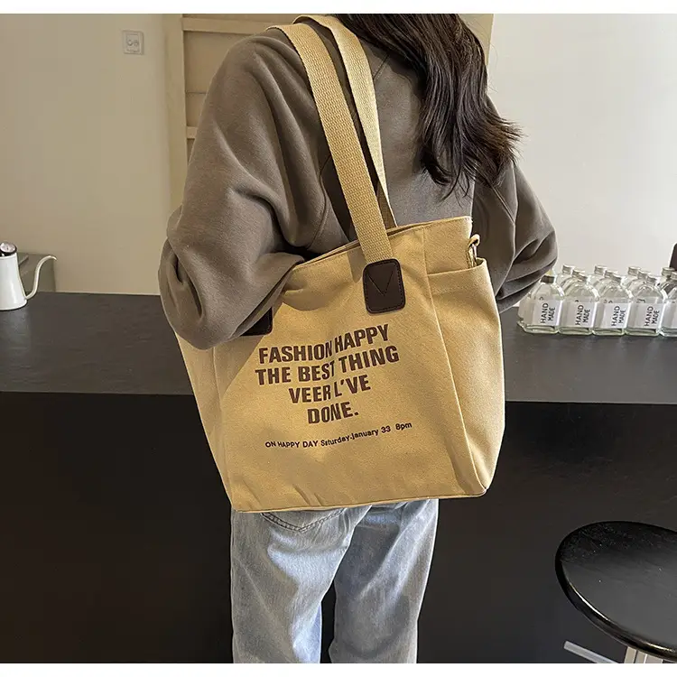 Canvas Multi-Pocket Tote Bag Women Men Black — feature 19