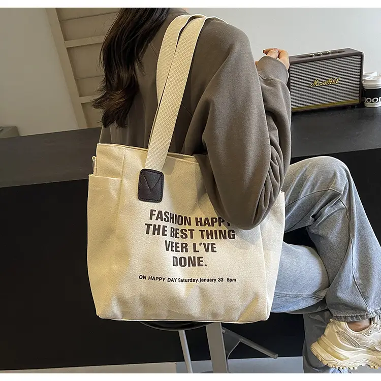 Canvas Multi-Pocket Tote Bag Women Men Black — feature 20