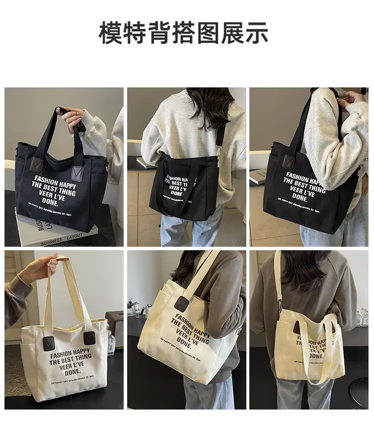 Canvas Multi-Pocket Tote Bag Women Men Black — feature 9