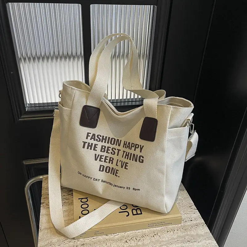 Canvas Multi-Pocket Tote Bag Women Men Black - Image 2