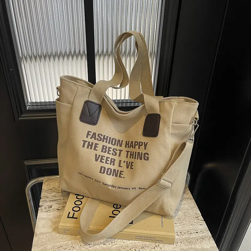 Canvas Multi-Pocket Tote Bag Women Men Black - Image 3