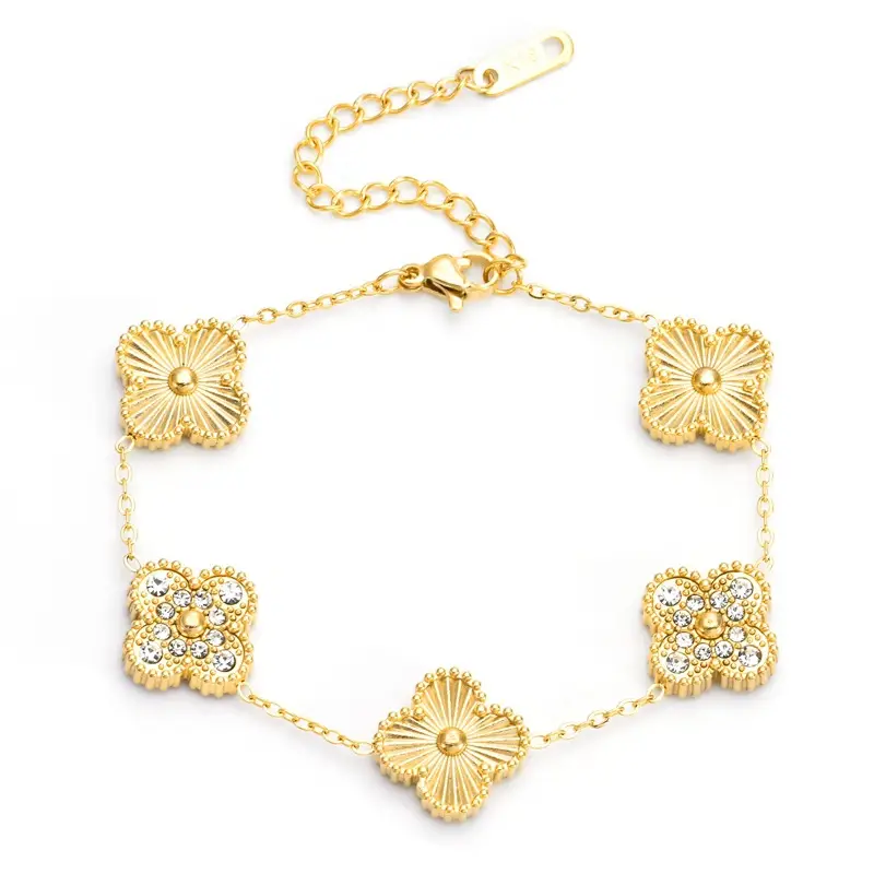 Gold Four-Leaf Clover Bracelet with Diamonds - Image 3