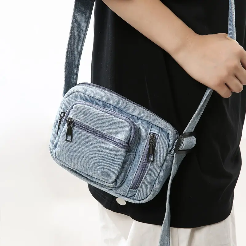Vintage Washed Denim Phone Bag for Men Women Shoulder Small