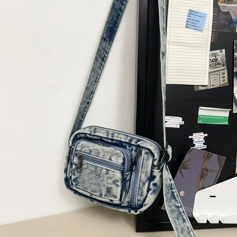 Vintage Washed Denim Phone Bag for Men Women Shoulder Small