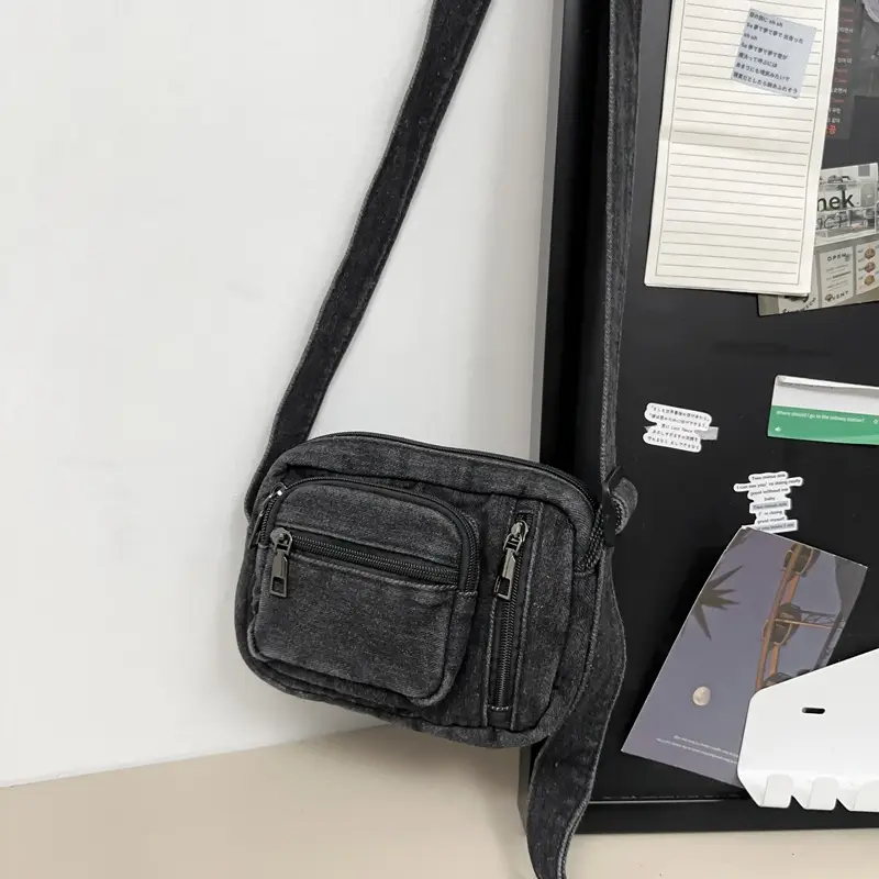 Vintage Washed Denim Phone Bag for Men Women Shoulder Small