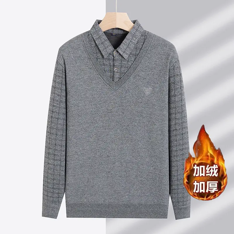 Men Fleece Long Sleeve Sweater Grey Thickened - Image 2