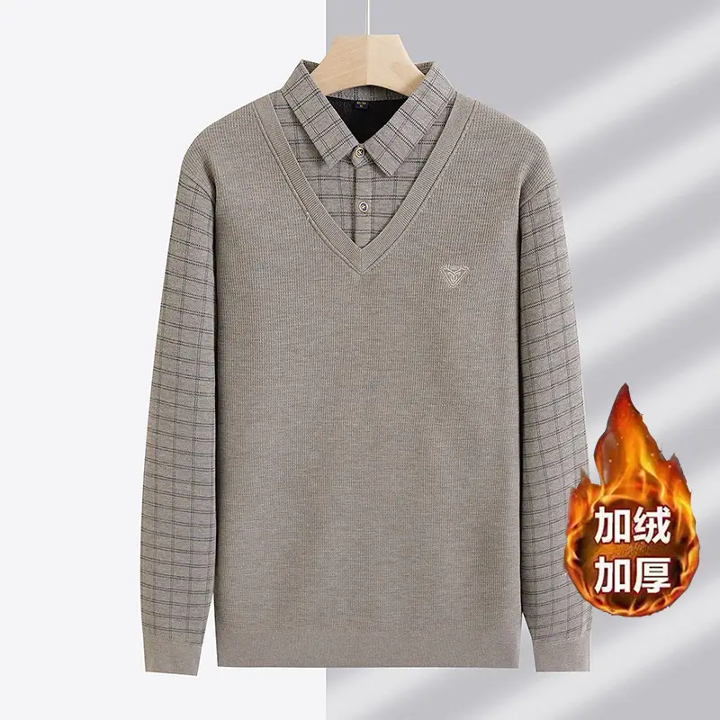Men Fleece Long Sleeve Sweater Grey Thickened - Image 3