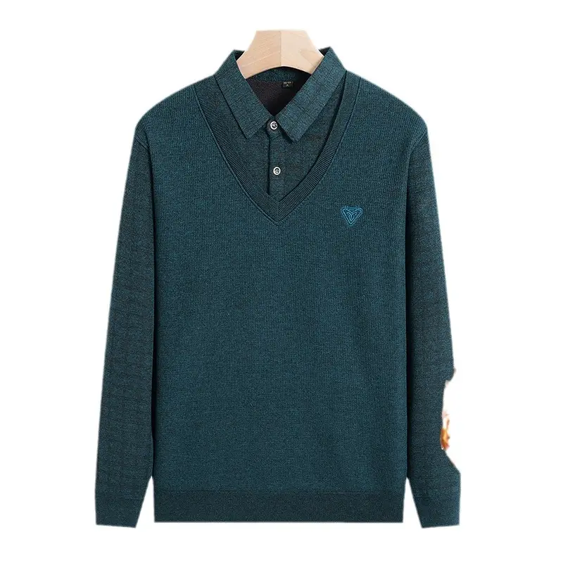 Men Fleece Long Sleeve Sweater Grey Thickened - Image 6