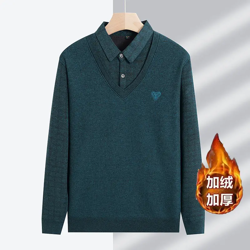 Men Fleece Long Sleeve Sweater Grey Thickened - Image 4