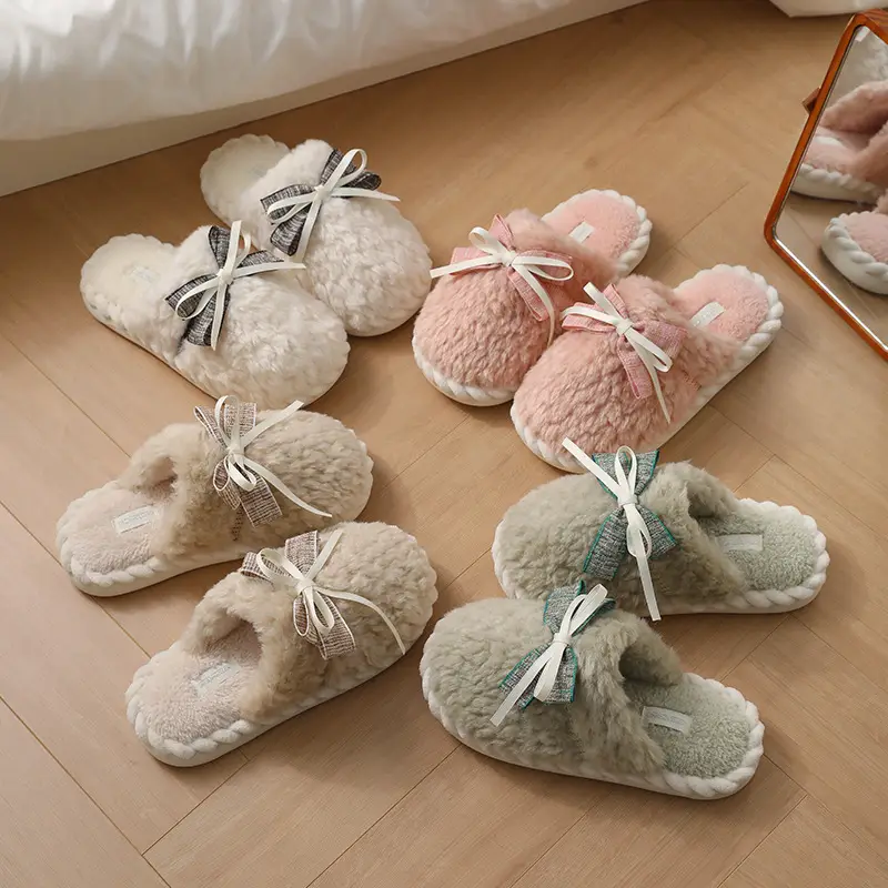 Women's Bow Lace Warm Plush Slippers Autumn Winter - Image 6