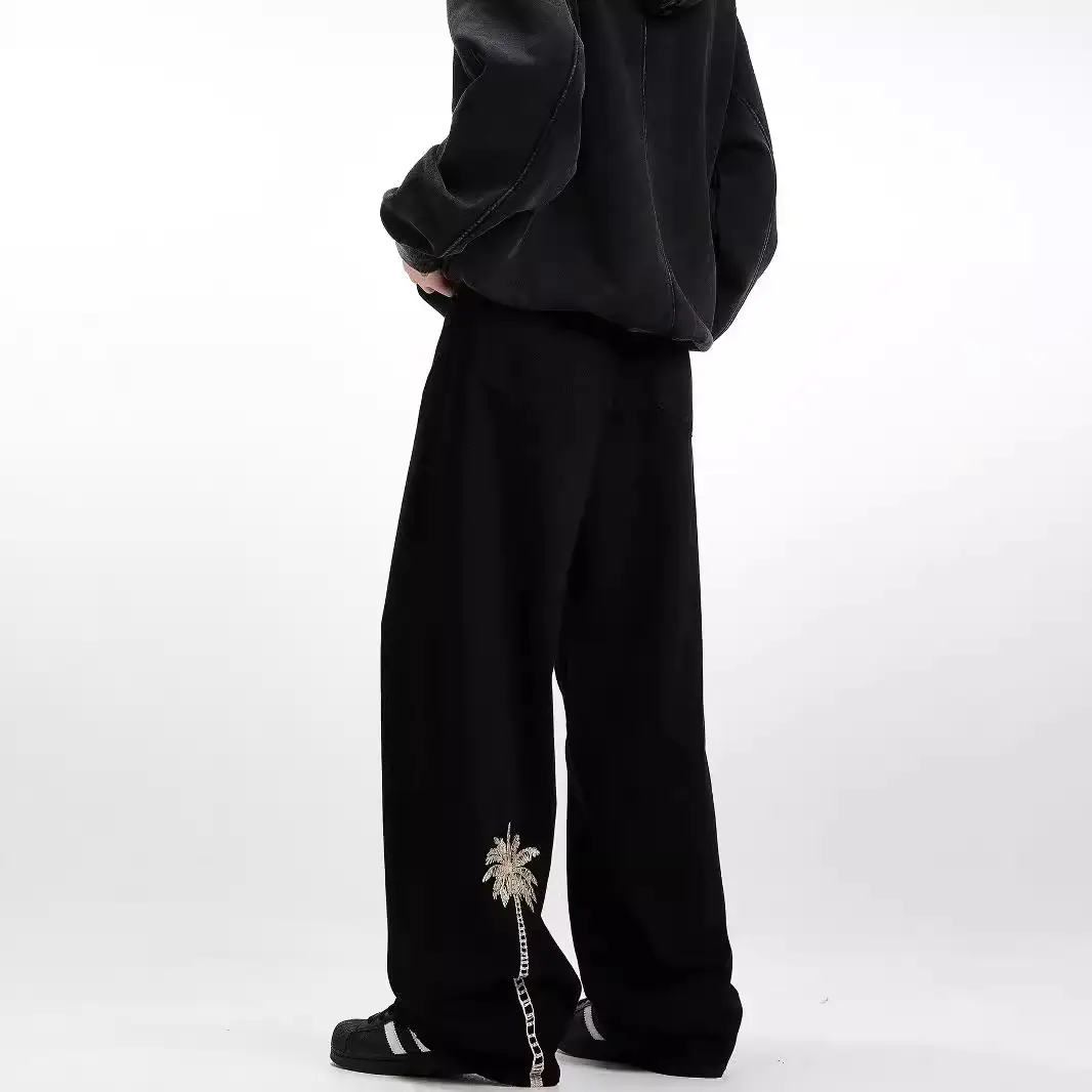 Men's Embroidered Black Straight Jeans Autumn Winter
