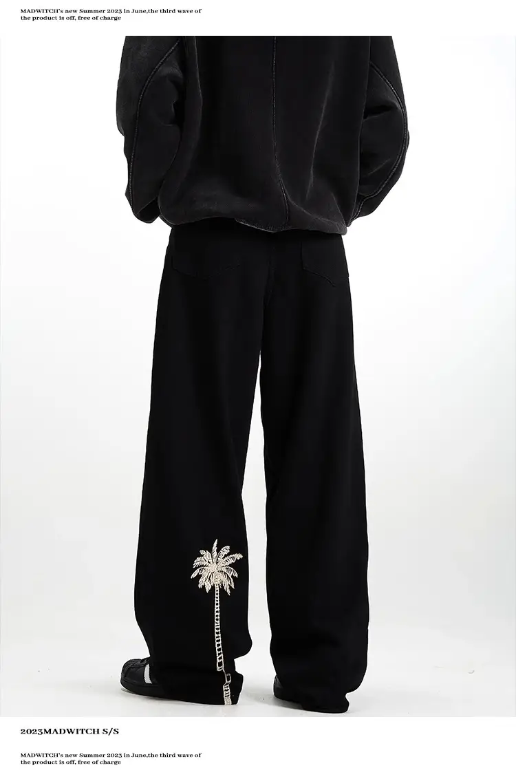Men's Embroidered Black Straight Jeans Autumn Winter — feature 7