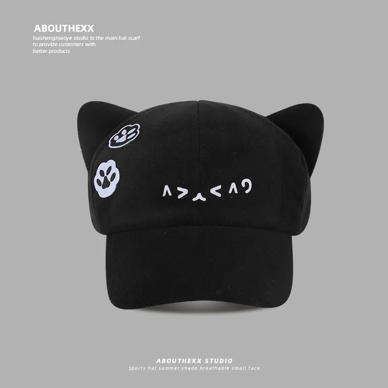 Japanese Style Cat Ear Hat Black with Embroidery - Image 3