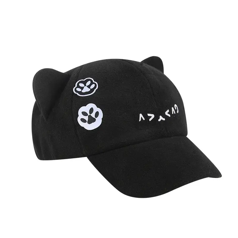 Japanese Style Cat Ear Hat Black with Embroidery - Image 5