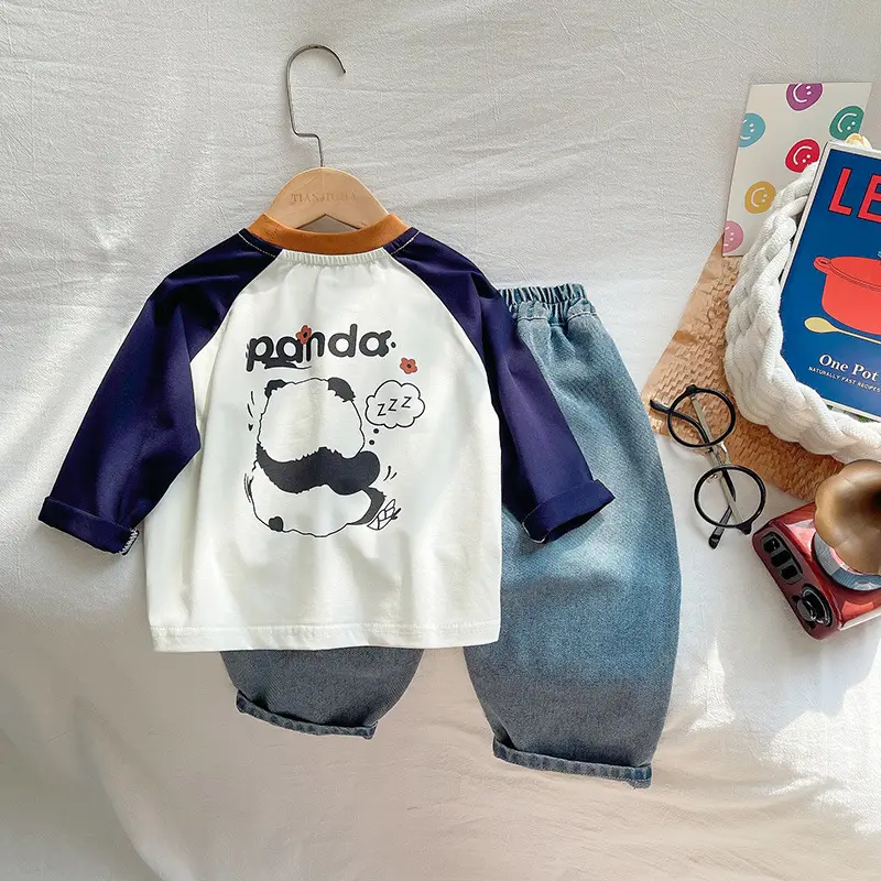 Children's Panda Printed Raglan Sleeve T-Shirt White Blue - Image 4