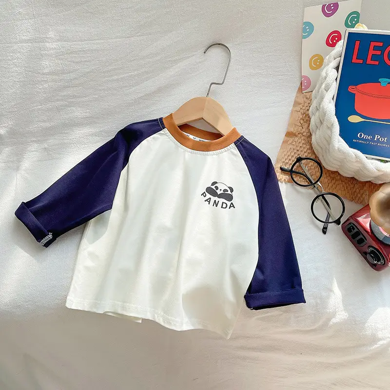 Children's Panda Printed Raglan Sleeve T-Shirt White Blue - Image 2