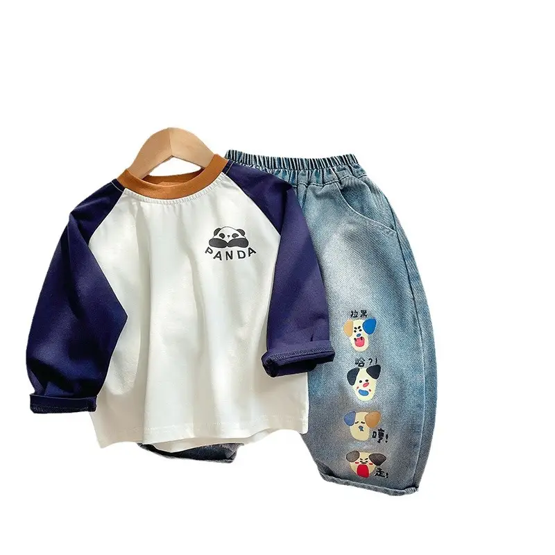 Children's Panda Printed Raglan Sleeve T-Shirt White Blue - Image 5