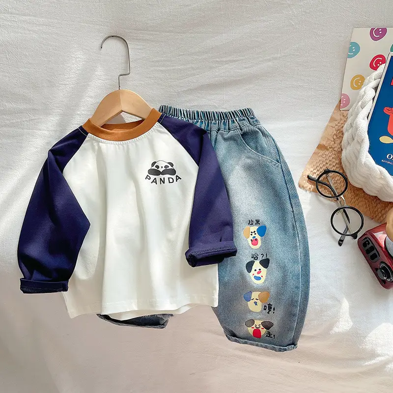 Children's Panda Printed Raglan Sleeve T-Shirt White Blue — feature 1