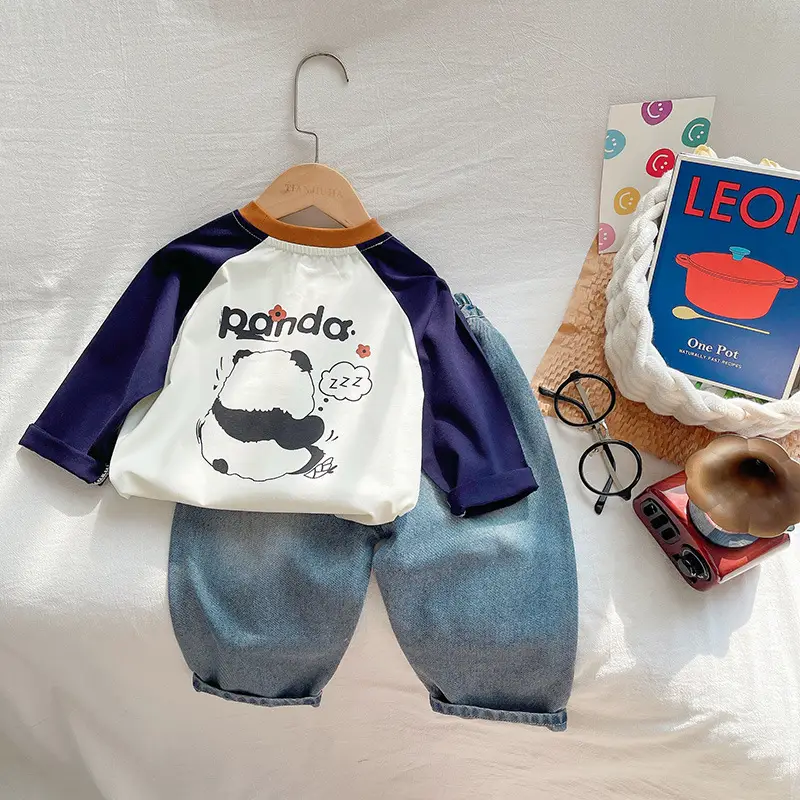 Children's Panda Printed Raglan Sleeve T-Shirt White Blue — feature 2