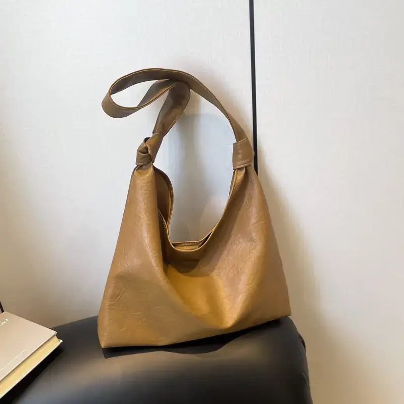 Textured Oil Leather Large Tote Bag Brown