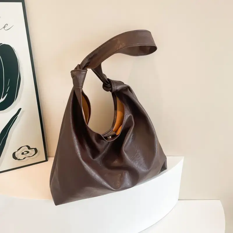 Textured Oil Leather Large Tote Bag Brown