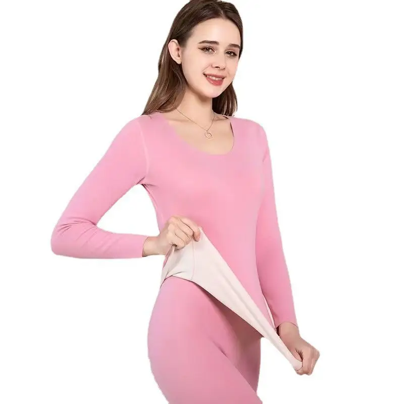 Women's Seamless Thermal Underwear suit fleece-lined Plus Thick Fleece Autumn Clothes and Pants Women's One-piece Fleece Medium Thick Base Shirt for Winter