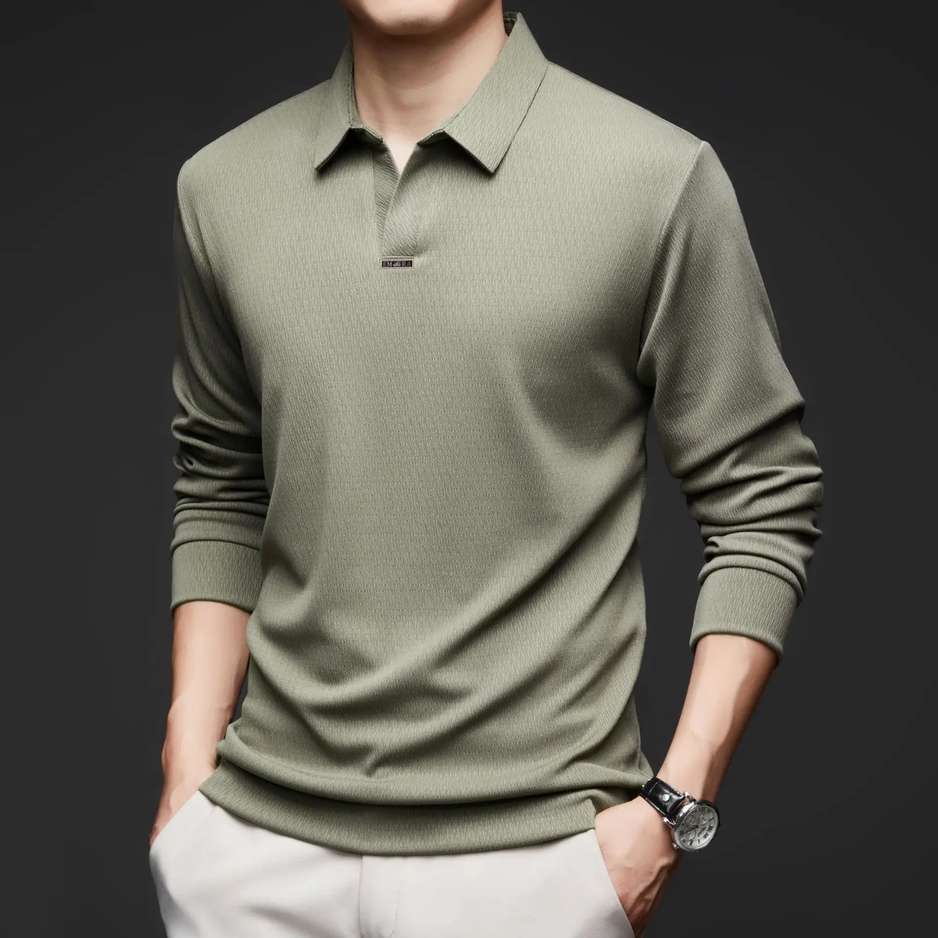 Men's Maroon Long Sleeve Polo Shirt Scissors Collar - Image 8