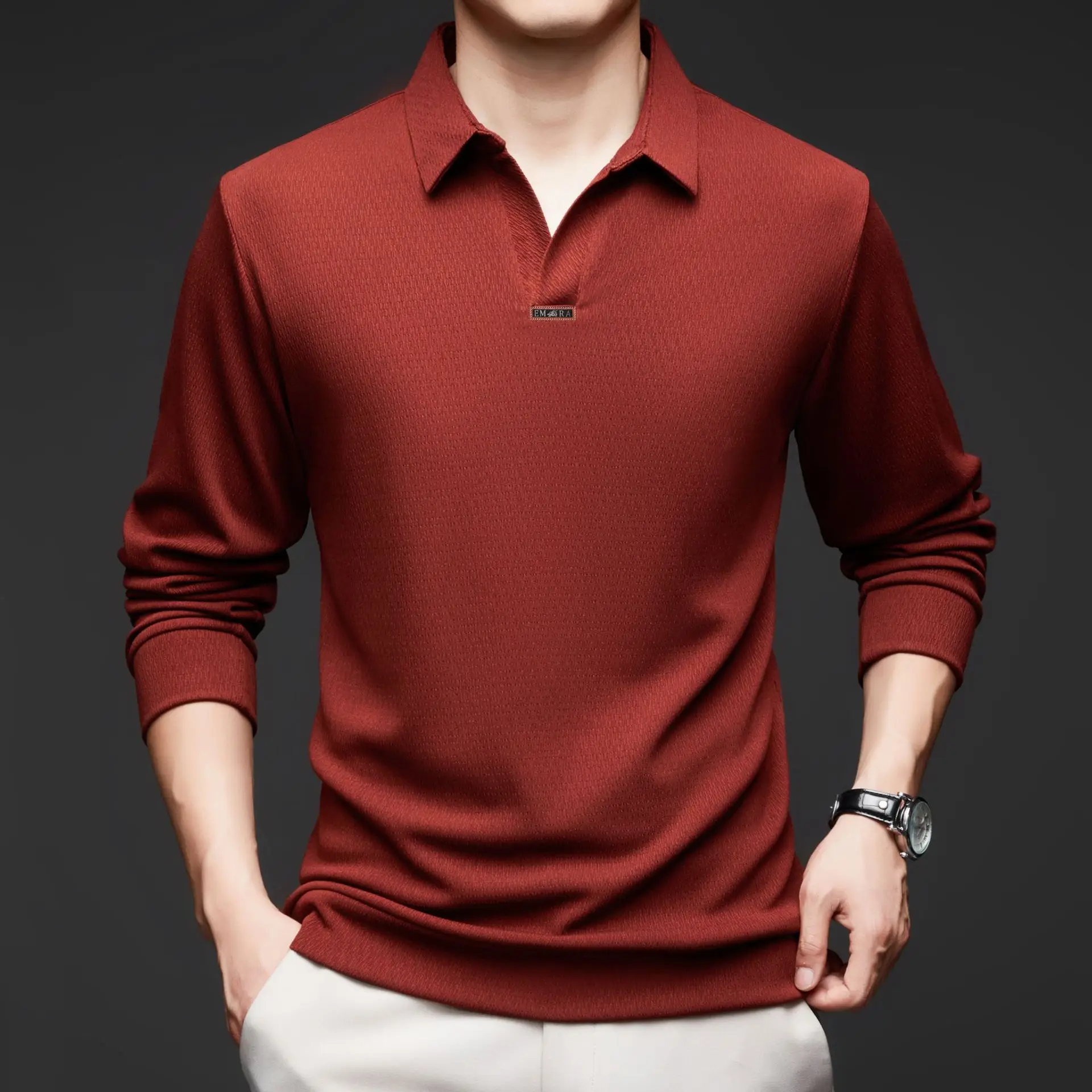 Men's Maroon Long Sleeve Polo Shirt Scissors Collar - Image 9