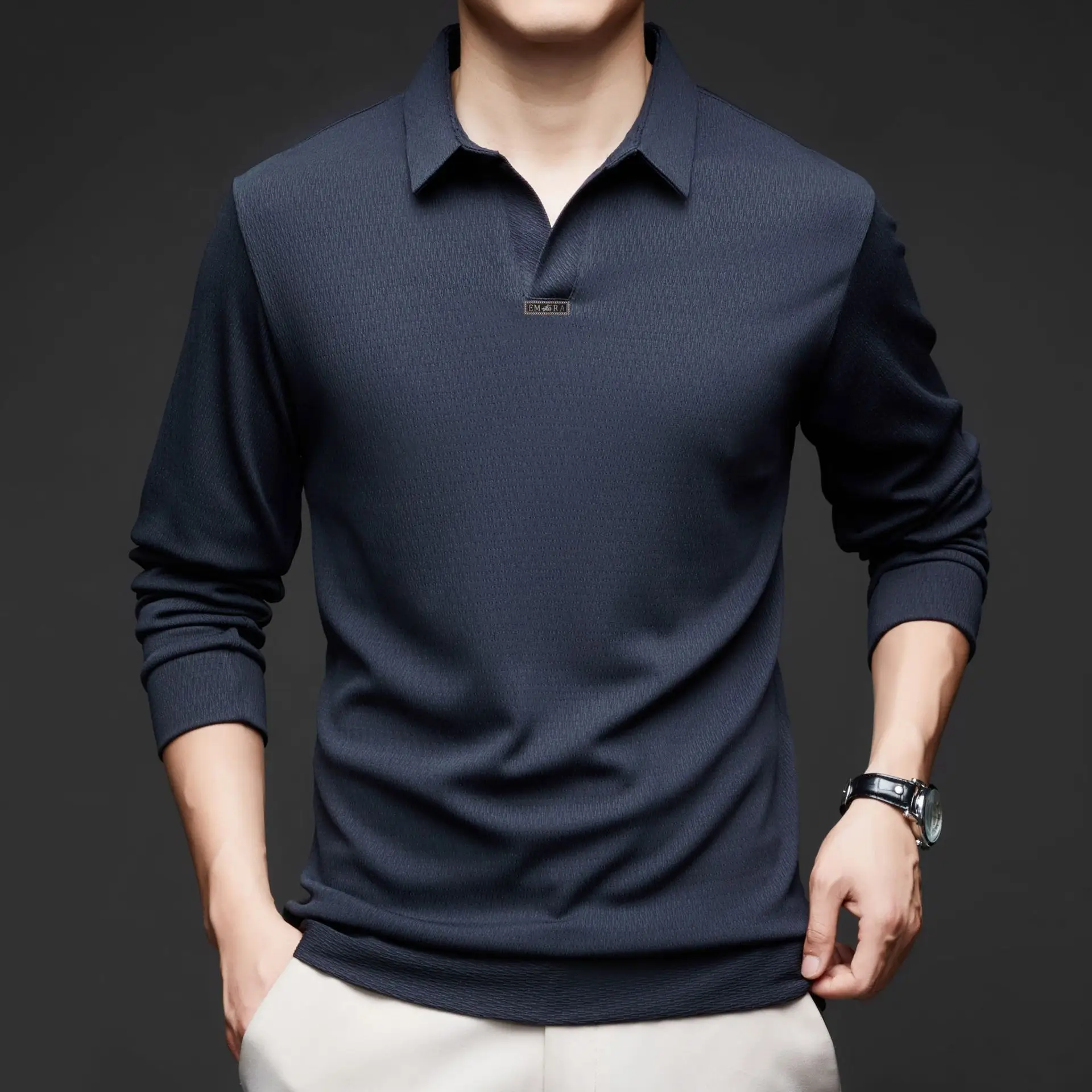 Men's Maroon Long Sleeve Polo Shirt Scissors Collar - Image 10