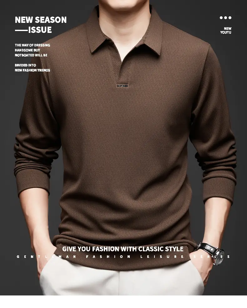 Men's Maroon Long Sleeve Polo Shirt Scissors Collar — feature 19