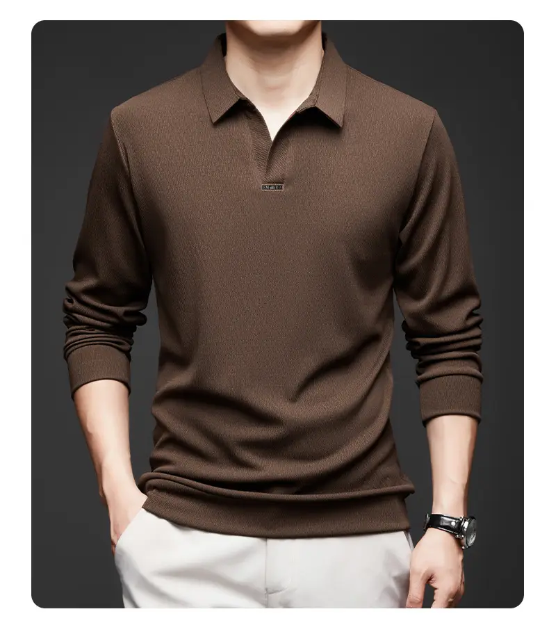 Men's Maroon Long Sleeve Polo Shirt Scissors Collar — feature 26