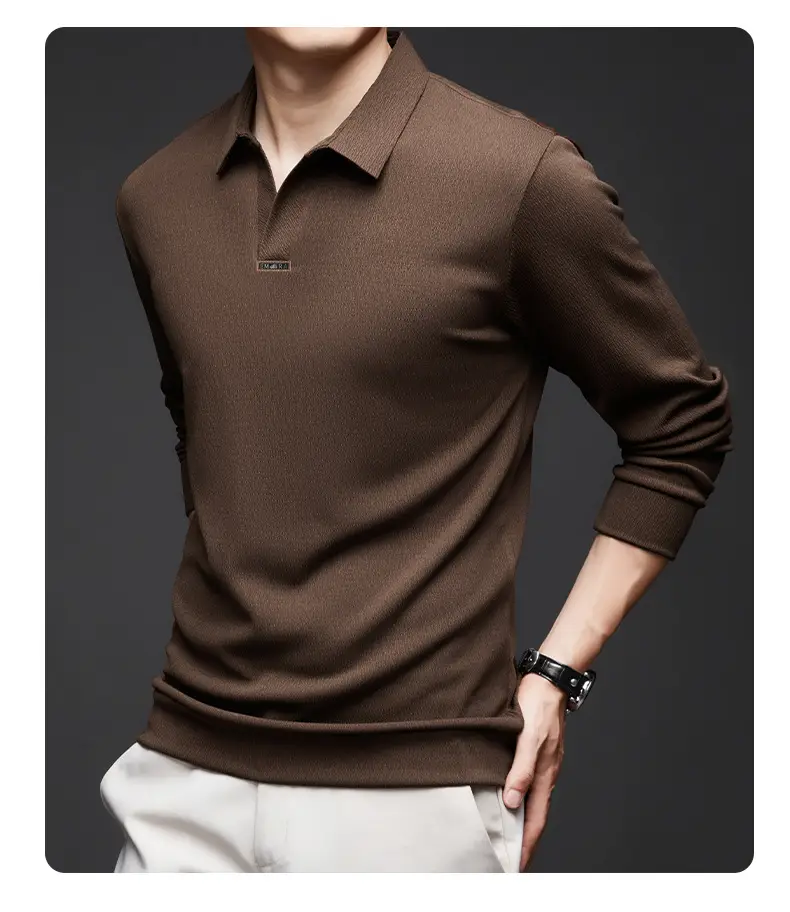 Men's Maroon Long Sleeve Polo Shirt Scissors Collar — feature 27