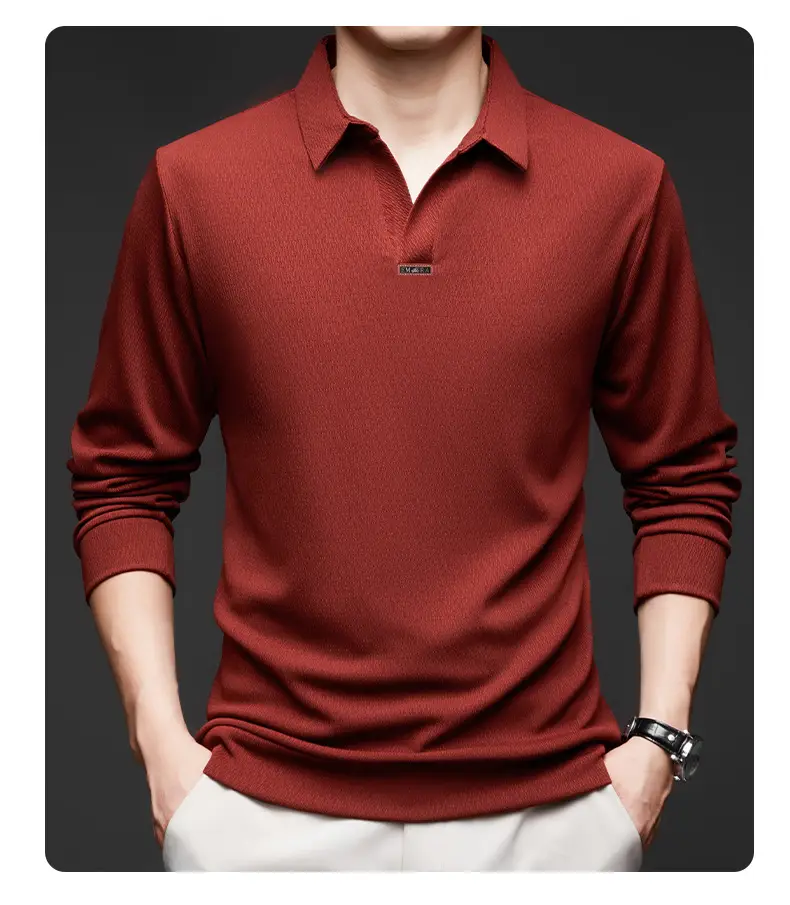 Men's Maroon Long Sleeve Polo Shirt Scissors Collar — feature 34