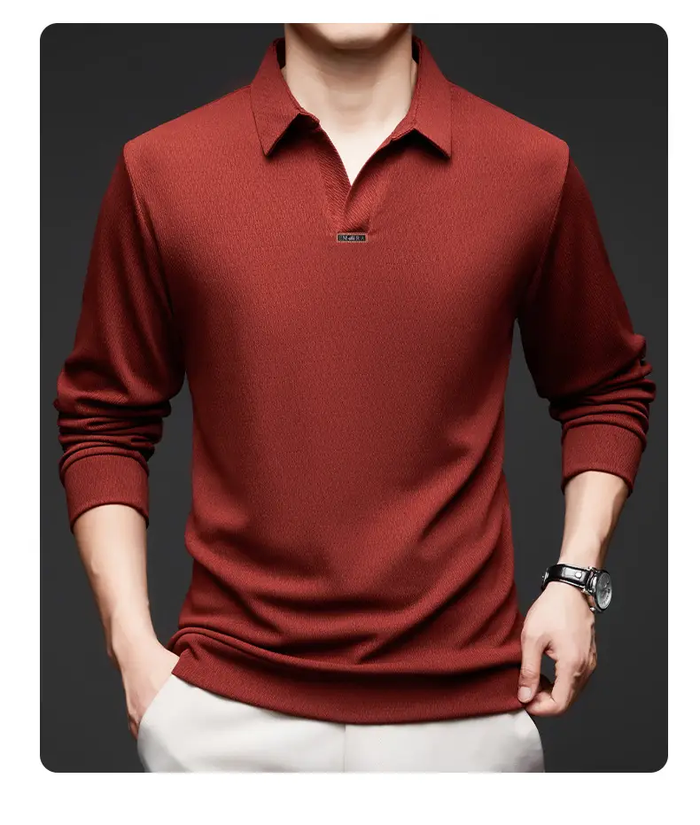 Men's Maroon Long Sleeve Polo Shirt Scissors Collar — feature 35