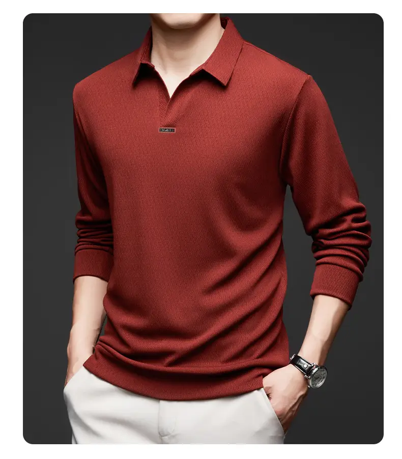 Men's Maroon Long Sleeve Polo Shirt Scissors Collar — feature 36