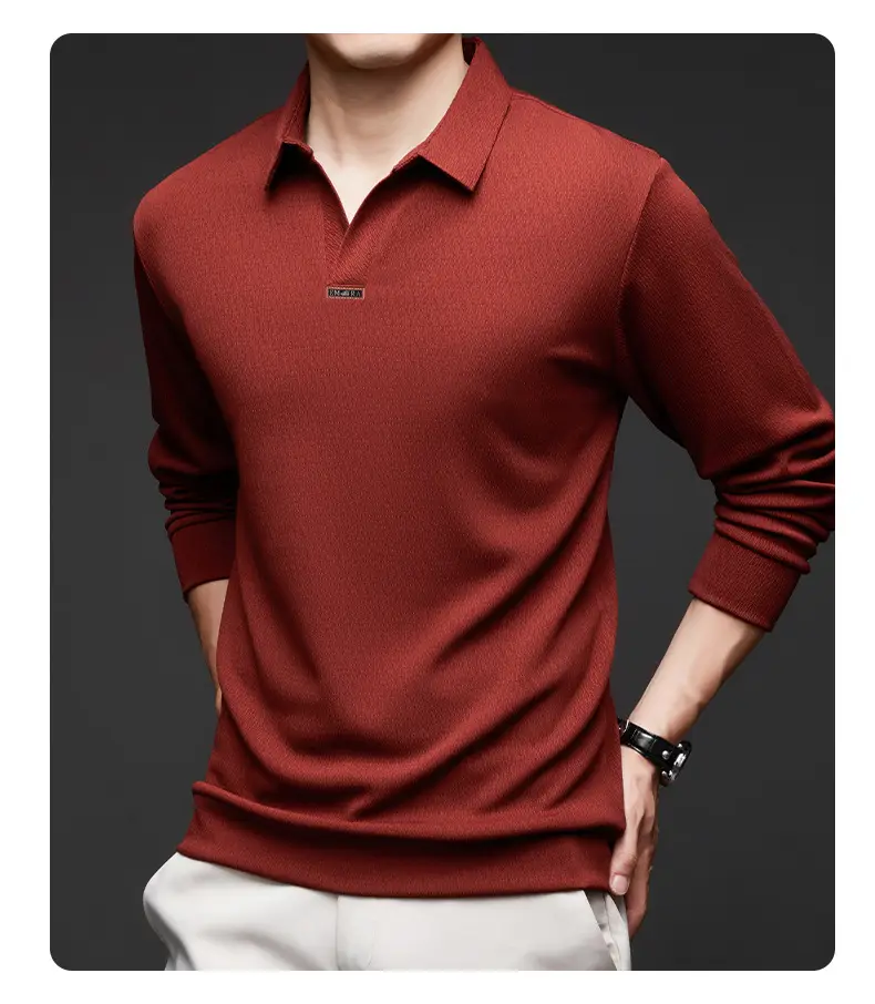 Men's Maroon Long Sleeve Polo Shirt Scissors Collar — feature 37