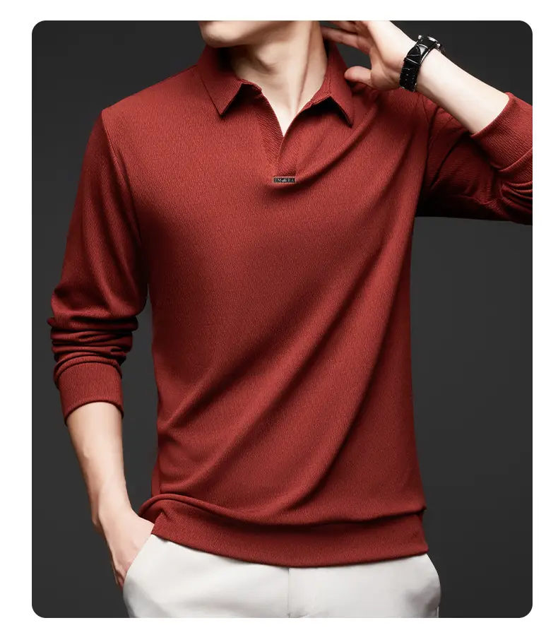 Men's Maroon Long Sleeve Polo Shirt Scissors Collar — feature 38